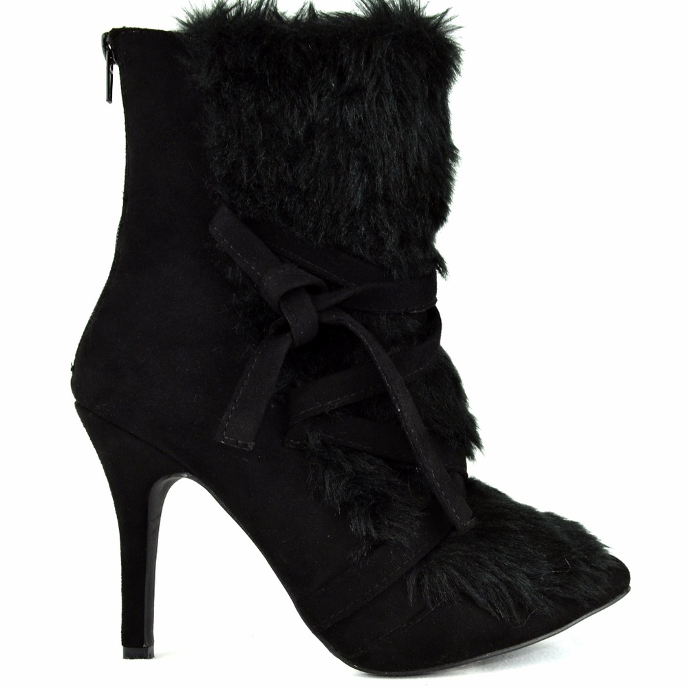 Black Lace-Up Furry Women's Slim Heeled Bootie